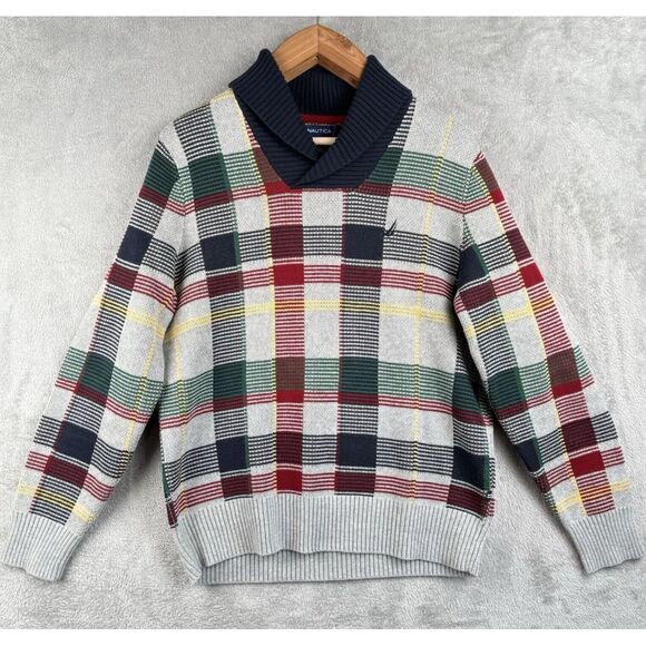 Nautica Plaid Shawl Neck‎ Sweater Men's Medium 100% Cotton Multicolor Preppy - Picture 1 of 9
